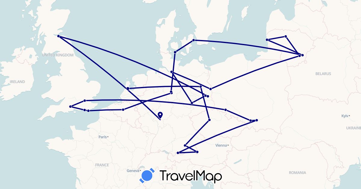 TravelMap itinerary: driving in Belgium, Czech Republic, Germany, Denmark, United Kingdom, Lithuania, Netherlands, Poland (Europe)